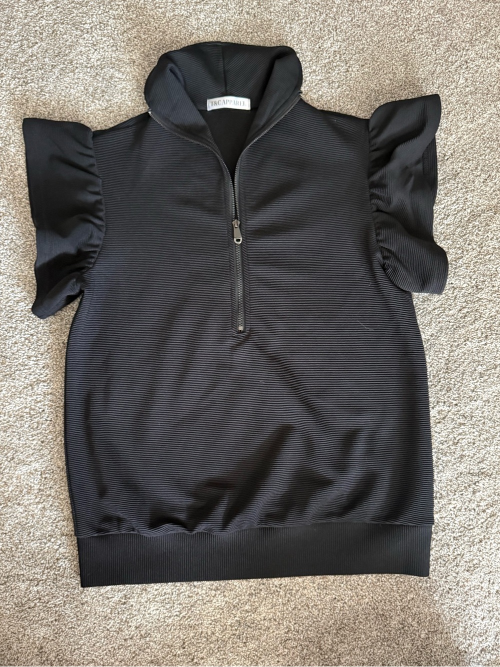 Black Ruffle-Sleeve 1/4 Zip-Neck Top- size medium - NWT